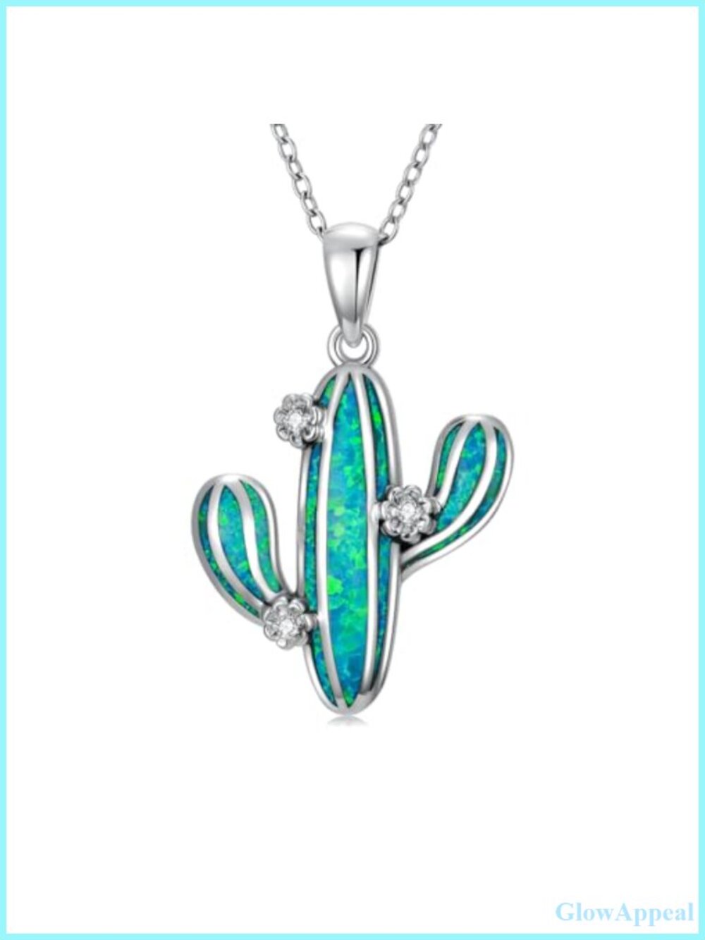 925 Sterling Silver Green Opal Cactus Pendant Necklace with Diamond